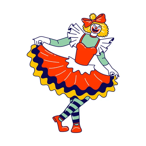 Clowncharakter, Zirkusweibchen. Lächelndes Joker Girl mit Crazy Face Wear Dress und gestreiften Strümpfen lächelt. Jester Performer, Circus Show Jester Entertainer. Lineare Vektorillustration — Stockvektor