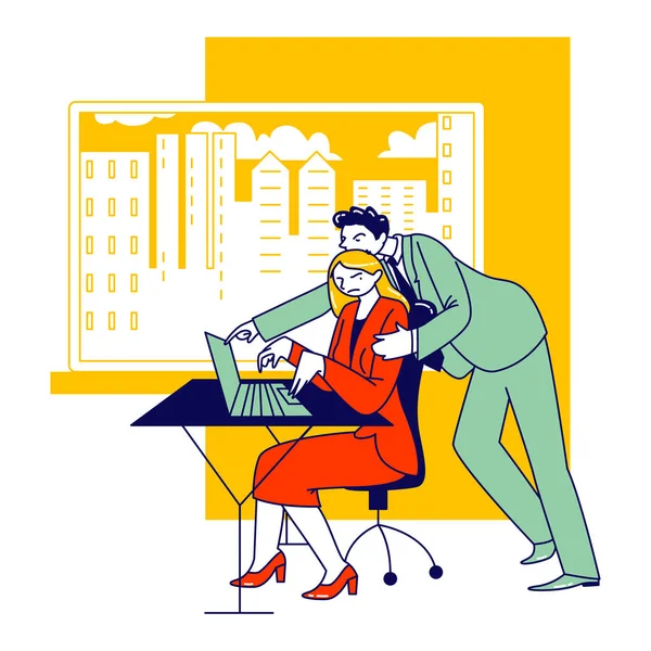 Agression sexuelle, concept de harcèlement. Le patron de l'entreprise de caractère masculin met la main sur l'épaule de la femme sur le lieu de travail. Secrétaire Fille ou femme de bureau victime d'une action lascive. Illustration vectorielle des personnes linéaires — Image vectorielle