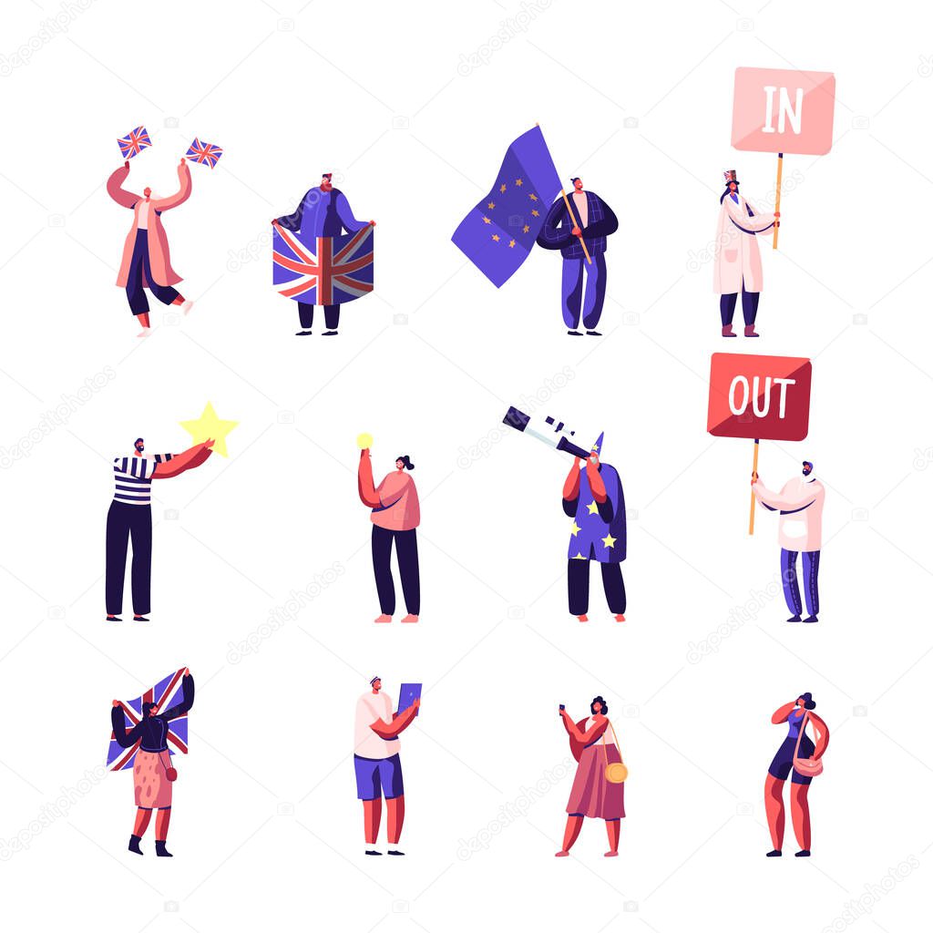 Set of Male and Female Characters Brexit and Anti Brexit Supporters in Demonstration. People Looking on Stars in Telescope, Astrologer in Hat and Costume, Politics Picket. Cartoon Vector Illustration