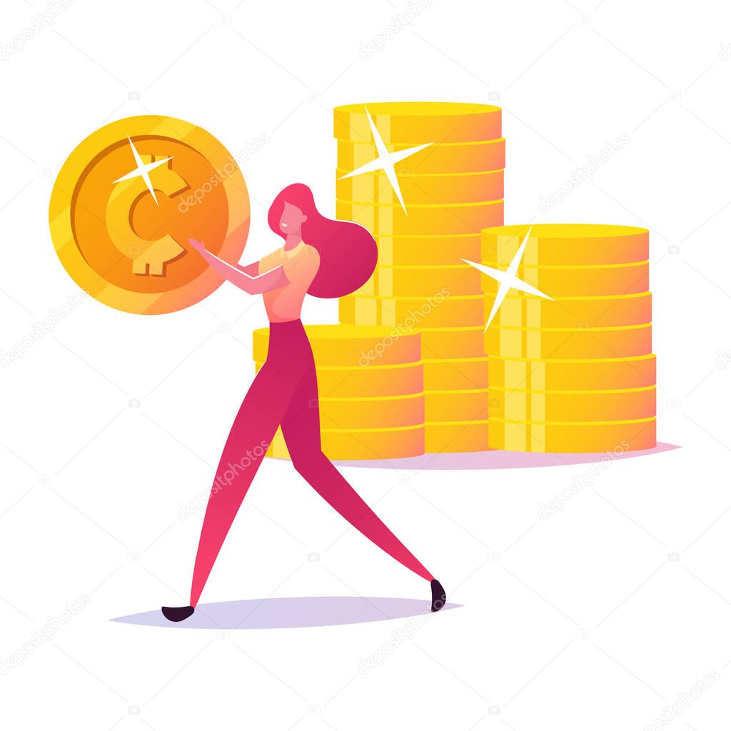 Successful Business Woman Carry Gold Coin, Character with Money Cash. Rich Businesswoman Making Saving, Financial Profit Salary Wealth, Increasing Capital. Pay Per Click. Cartoon Vector Illustration