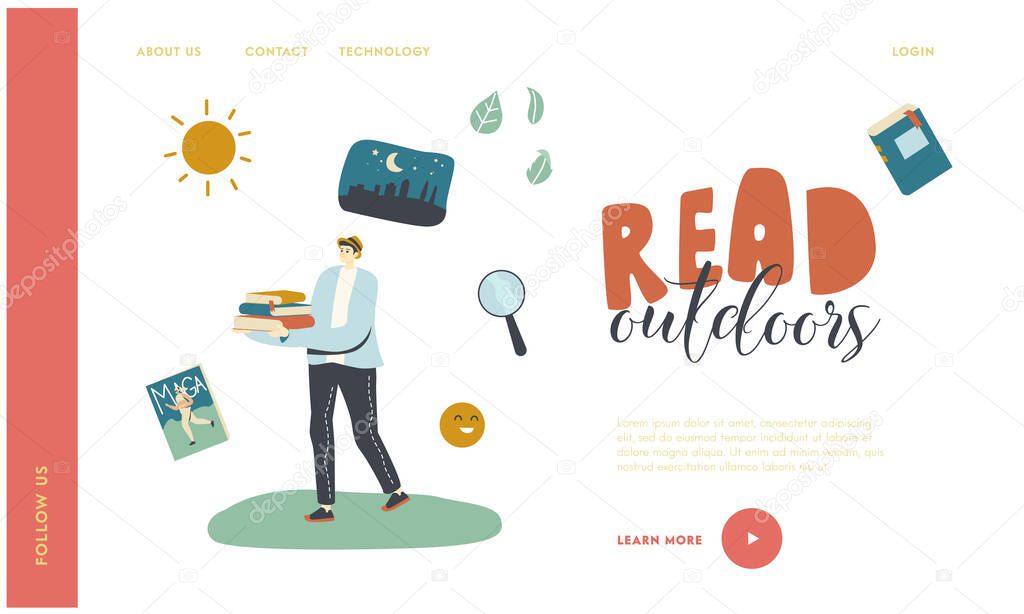 Female Character Outdoor Reading, Education and Hobby Landing Page Template. Girl Carry Books Pile. School, College or University Student Prepare for Exams, Get Knowledge. Linear Vector Illustration