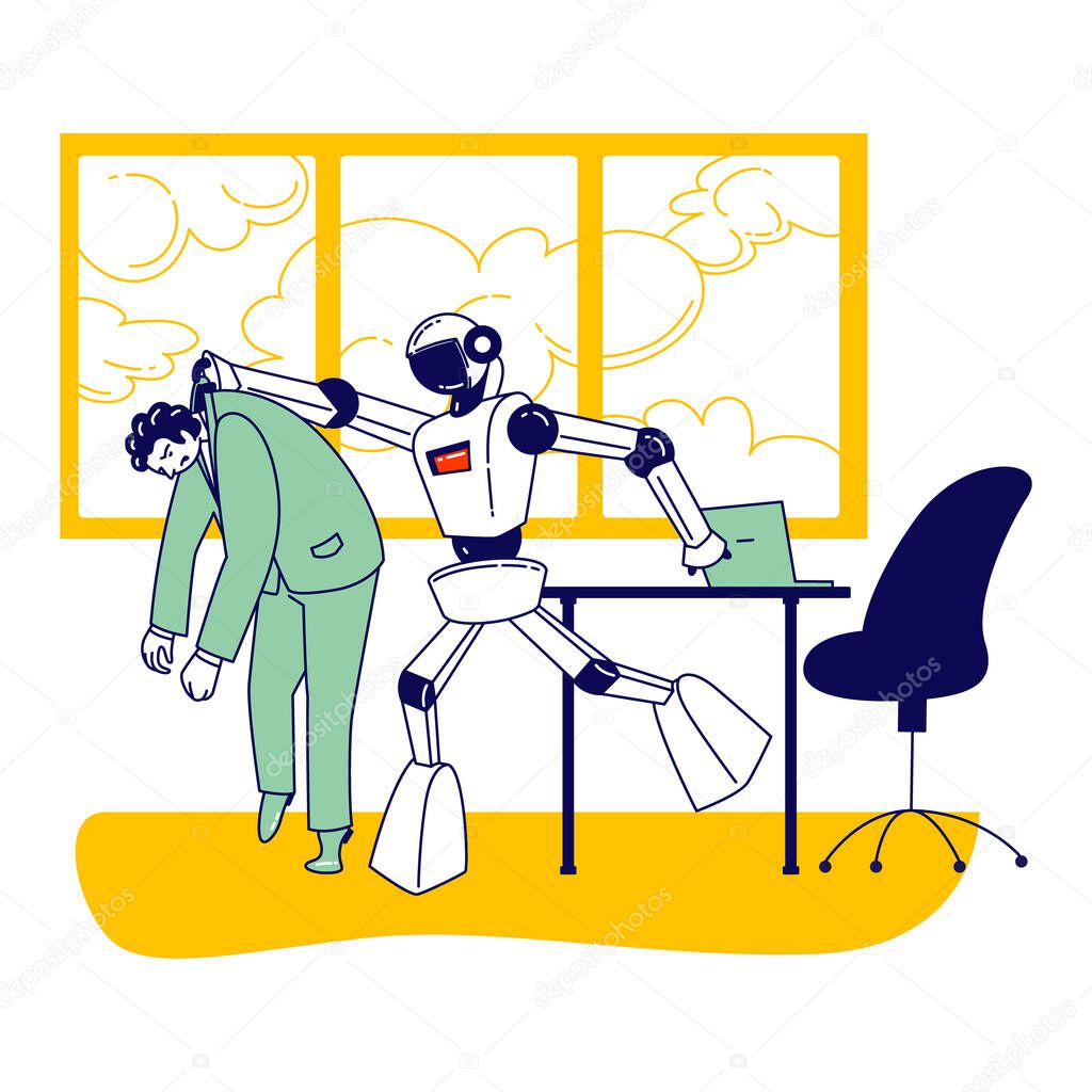 Cyborg Kicked Human Character Away from Job. Robot Came at Work Place Instead of Person. Man Fired and Thrown Out of Office. Artificial Intelligence Domination Competition. Linear Vector Illustration