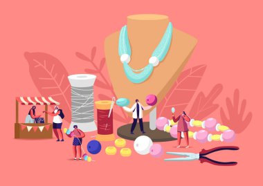 El yapımı zanaat konsepti. Minik Kadın Karakterler Mücevher Tasarımcıları Bijouterie Kolyeleri, Küpeler, Bilezikler Renkli Boncuklar ve Diy Enstrümanları Kullanıyor. Çizgi film İnsanları Vektör İllüstrasyonu
