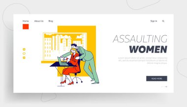Cinsel Saldırı, Taciz İniş Sayfası Şablonu. Şirketin Patronu İş Yeri 'nde Elini Kadın Omzuna koydu. Sekreter kız Lascivious Exaction 'ın kurbanı. Doğrusal İnsanlar Vektör İllüstrasyonu