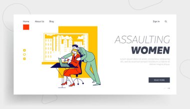 Sexual Assault, Harassment Landing Page Template. Company Boss Character Put Hand on Woman Shoulder at Workplace. Secretary Office Girl Victim of Lascivious Exaction. Linear People Vector Illustration clipart