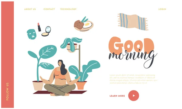 Yoga Class Practice, Healthy Lifestyle Landing Page Template. Young Woman Character Morning Meditation, Relaxation and Emotional Balance. Harmony with Nature and Mind. Linear Vector Illustration — Stock Vector
