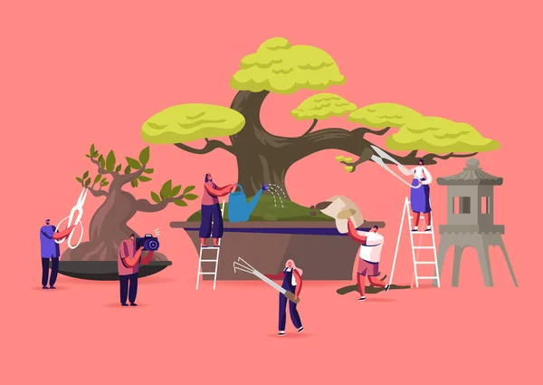 Bonsai Growing Concept. Drobné mužské a ženské postavy těší hobby péče, prořezávání a ořezávání bonsaje. Rostliny Zahradnictví, tradiční asijské umění, kultura. Vektorová ilustrace kreslených osob — Stockový vektor