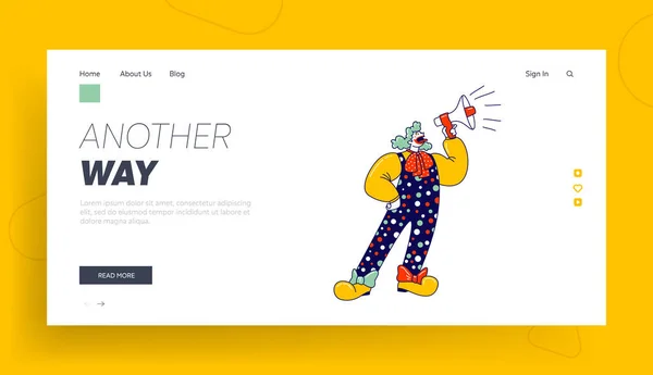 Big Top Tent Artist Announcement Landing Page Template Аніматор Male Character in Funny Clown Suit, Huge Boots, Curly Green Wig та Red Neck Tie Yelling in Loudspeaker. Linear Vector Illustration — стоковий вектор