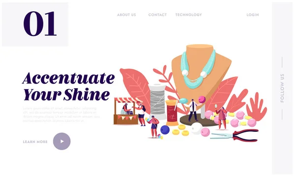 Handgemachte Craft Landing Page Vorlage. Tiny Female Characters Jewelry Designers erstellen und verkaufen Bijouterie Halsketten, Ohrringe, Armbänder mit Perlen und Instrumenten. Cartoon People Vektor Illustration — Stockvektor