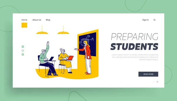 Wiek Ludzie Edukacja i zdobywanie wiedzy Landing Page Szablon. Starsi studenci Postacie na lekcji na Uniwersytecie. Nauczyciel Zapytaj starszego człowieka z podniesioną ręką na seminarium. Liniowa ilustracja wektora — Wektor stockowy