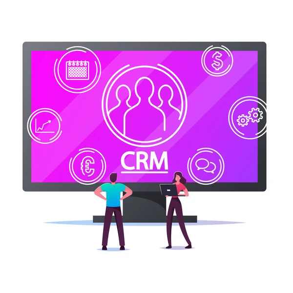 Crm System, Customer Relationship Management, Business Development Concept. Personagens masculinos e femininos minúsculos que analisam o perfil e o banco de dados dos clientes no computador enorme. Desenhos animados Pessoas Vector Ilustração —  Vetores de Stock