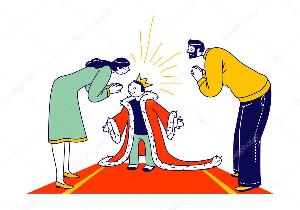Spoiled Kid Concept. Parent Characters Admire with Child in Gold Crown on Head and Royal Mantle Standing on Red Carpet. Cockered Baby, Egoist Education, Little King. Linear People Vector Illustration