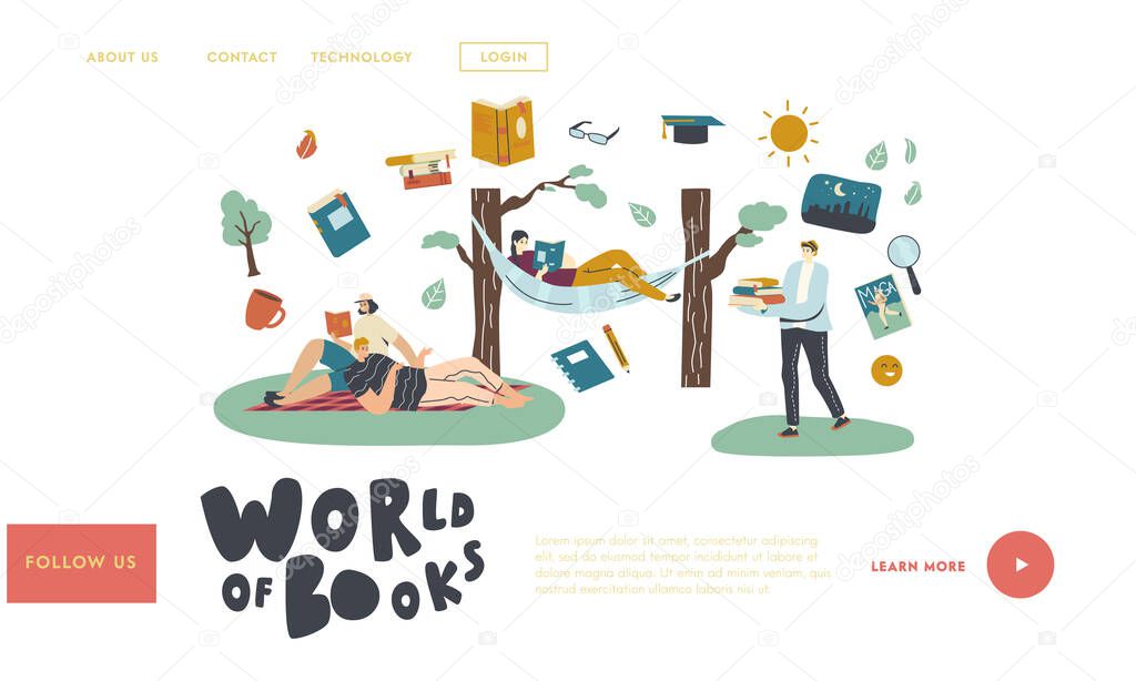 People Reading Books Outdoor Landing Page Template. Happy Characters Open Air Sparetime with Interesting Books. Men Women Spend Time Relaxing and Read Literature on Nature. Linear Vector Illustration