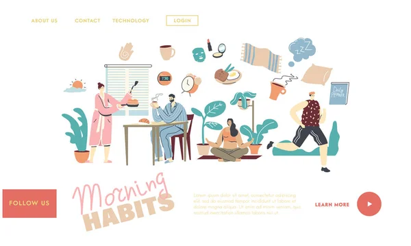 Hábitos matutinos. Personajes Plantilla de Landing Page de rutina diaria. Hombre Mujer Despertando, Cocinando Desayuno, Bebiendo Café. Chica haciendo yoga o estiramiento, hombre corriendo. Personas lineales Vector Ilustración — Vector de stock