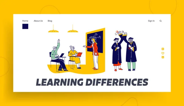 Senior Students Learning in University Landing Page Mall. Aged Characters Rising Hand for Answering Class, Aged People in Bachelor Gown och Hat Demonstrate Certificates. Linjär vektorillustration — Stock vektor