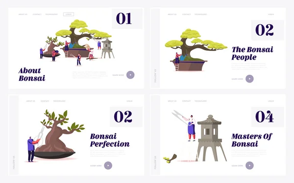 Ensemble de gabarits Bonsai Growing Landing Page. Personnages minuscules jouissant Hobby soins, taille et coupe Bonsaï arbres. Jardinage des plantes, Art traditionnel asiatique, Culture. Illustration vectorielle des personnages de bande dessinée — Image vectorielle