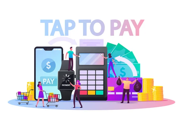 Tecken Använd kontaktlös betalning koncept. Köpare håller kreditkort för att betala med smartphone eller Smart Watch. Folk med inköp, Pos Terminal för kontantlös betalning. Tecknad vektor Illustration — Stock vektor