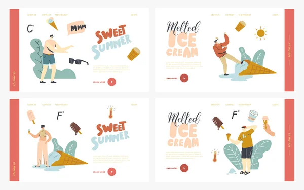Characters Eating Melted Ice Cream Landing Page Template Set. Summer Food, Sweet Dessert, Cold Meal. Adults or Kids Eat Icecream Popsicle, Waffle Cone, Creme Brulee. Linear People Vector Illustration — Stock Vector