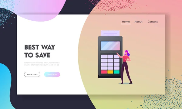 Pago sin contacto con la plantilla de landing page de la máquina de lector de tarjetas de crédito. Carácter femenino Párate en la enorme terminal de Pos para pagar sin efectivo por compras, tecnologías. Ilustración de vectores de dibujos animados — Archivo Imágenes Vectoriales
