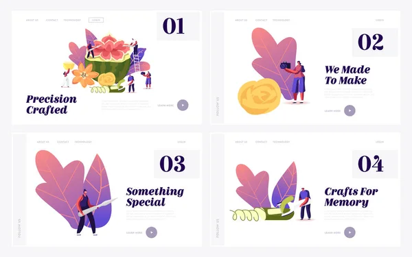 Tallar alimentos esculturas Landing Page Template Set. Personajes minúsculos tallando enormes frutas o verduras. La gente hace flor de sandía. Tailandia Arte de frutas y verduras. Ilustración de vectores de dibujos animados — Vector de stock