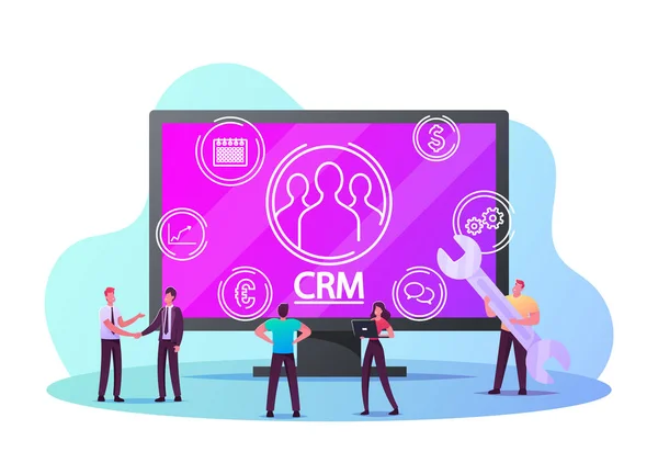 Crm System, Customer Relationship Management Concept. Tiny Χαρακτήρες Manager Αναλύοντας το προφίλ των πελατών και τη βάση δεδομένων σε τεράστιο υπολογιστή, επιχειρηματική ανάπτυξη. Γελοιογραφία Άνθρωποι Εικονογράφηση διάνυσμα — Διανυσματικό Αρχείο