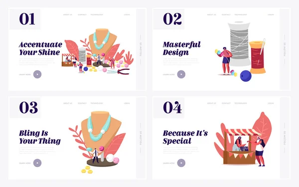 Handmade Craft Landing Page Template Set. Personagens femininos minúsculos Designers jóias criar e vender colares Bijouterie, Brincos, pulseiras Use contas e ferramentas. Desenhos animados Pessoas Vector Ilustração — Vetor de Stock