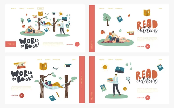 Pessoas lendo Livros Outdoor Landing Page Template Set. Personagens Tempo de jogo ao ar livre com livros interessantes. Men Women Spend Time Relaxing and Read Literature on Nature (em inglês). Ilustração Linear do Vetor — Vetor de Stock