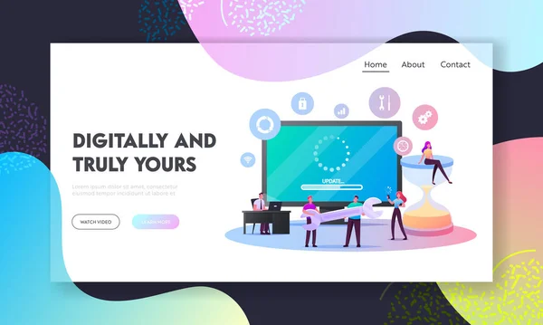 Aktualizace softwaru Aplikace a Hardware Upgrade Technology Landing Page Template. Tiny Characters with Gadgets, Wrench and Hourglass at Huge Computer Screen. Vektorová ilustrace kreslených osob — Stockový vektor