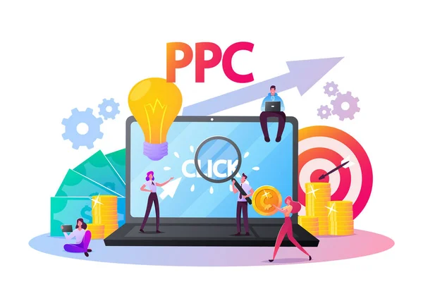 Concetto Pay Per Click. Personaggi minuscoli al desktop enorme del computer con il cursore Cliccando sul pulsante annuncio. Ppc Business, Tecnologia Pubblicitaria Cpc, Sponsored Listing. Illustrazione del vettore della gente del fumetto — Vettoriale Stock