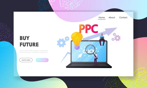 Sponsored Listing, Pay Per Click Landing Page Template. Ppc, Tecnologia di pubblicità aziendale, Personaggi minuscoli al computer enorme con cursore Cliccando sul pulsante annuncio. Illustrazione del vettore della gente del fumetto — Vettoriale Stock