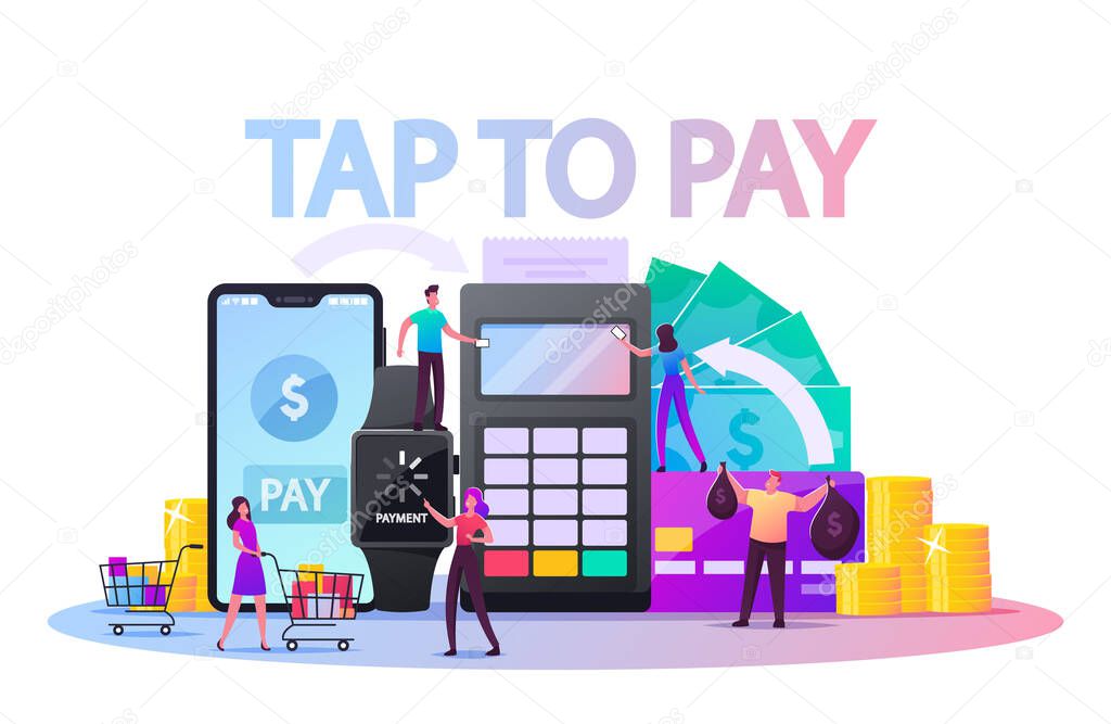 Characters Use Contactless Payment Concept. Buyers Hold Credit Cards for Paying with Smartphone or Smart Watch. People with Purchases, Pos Terminal for Cashless Paying. Cartoon Vector Illustration