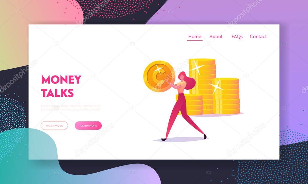 Wealth, Increasing Capital. Pay Per Click Landing Page Template. Woman Carry Gold Coin, Character with Money Cash. Businesswoman Making Saving, Financial Profit Salary. Cartoon Vector Illustration