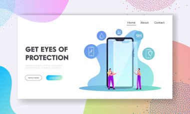 Gadget Dokunmatik Ekran Güvenlik İniş Sayfa Şablonu. Erkek İşçiler Smartphone Screen 'de Dev Cam Koruma Filmi Uygular. Karakterler telefona kılıf koydu, mobil tamirat. Çizgi film İnsanları Vektör İllüstrasyonu