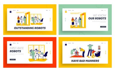 Human Characters Vs Robots, Spoiled Child Landing Page Template Set. Cyborg Kicking Employee Out of Office. Job Seekers Wait in Hall for Interview. Kids and Parents. Linear People Vector Illustration clipart