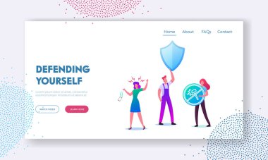 Karakterler Akıllı Telefon Ekran Koruyucusu İniş Sayfası Şablonu Kullanıyor. Kadın Düşüren Cep Telefonu, İşçi cüppeli Adam Büyük Kalkan. Gadget Koruma, Dokunmatik Ekran Güvenliği. Çizgi film İnsanları Vektör İllüstrasyonu