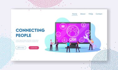 Crm Sistemi, Müşteri İlişkileri Yönetimi İniş Sayfa Şablonu. Dev Bilgisayar, İş Geliştirme 'deki Tiny Characters Müşteri Profili ve Veritabanını Analiz Ediyor. Çizgi film İnsanları Vektör İllüstrasyonu