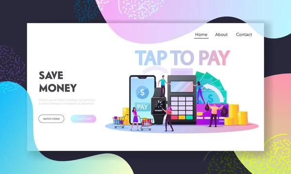 Charaktere verwenden kontaktlose Zahlungs-Landing-Page-Vorlage. Käufer halten Kreditkarten, um mit Smartphone oder Smartwatch zu bezahlen. Menschen mit Pos Terminal für bargeldloses Bezahlen. Zeichentrickvektorillustration — Stockvektor