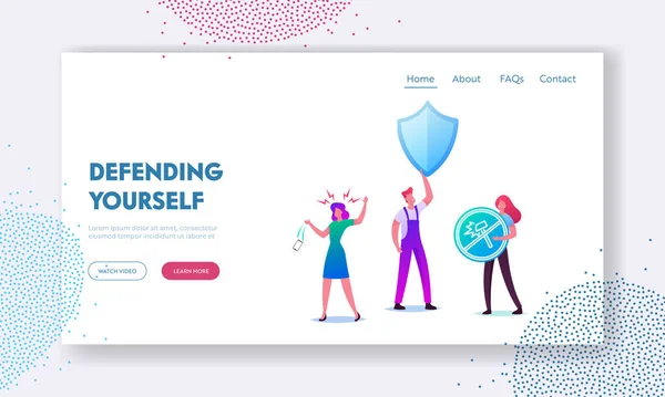 キャラクターはスマートフォンのスクリーンプロテクターランディングページテンプレートを使用します。女性のドロップ携帯電話、労働者のローブの男は巨大な盾を保持します。ガジェット保護、タッチスクリーンの安全性。漫画人ベクトルイラスト — ストックベクタ