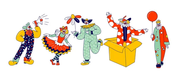 Big Top Circus Clown Characters. Mužské a ženské zábavné karneval Funsters nebo Jesters v jasných kostýmech, Periwig, make-up a falešný nos provedení show na cirkusové scéně. Vektorový obrázek lineárních osob — Stockový vektor