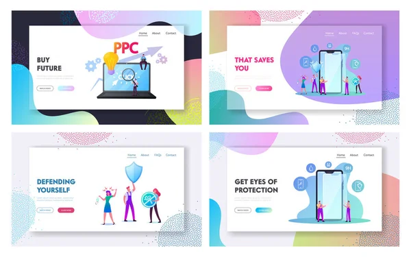 Characters Put Smartphone Screen Protector Landing Page Template Set. Kryt mobilu, Ochrana proti poškození. Ochranný film pro telefon, Štít k displeji. Vektorová ilustrace kreslených osob — Stockový vektor