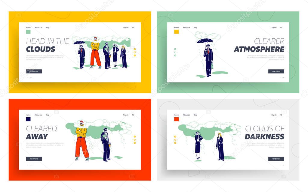 Daydreaming, Creative Imagination or Positivity Landing Page Template Set. Happy Male Character in Bright Clothing Stand with Head in Clouds, Sad Busy People in Formal Wear. Linear Vector Illustration