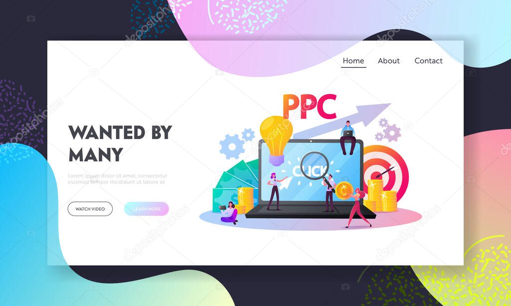 Pay Per Click Landing Page Template.Tiny Characters at Huge Computer with Cursor Clicking on Ad Button. Ppc Business, Cpc Advertising Technology, Sponsored Listing. Cartoon People Vector Illustration