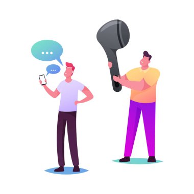 Genç İnsanlar Cep Telefonu ile Kablosuz Kulaklık Konsepti ile Müzik Dinliyor. Dev Kulaklıkları ve Mobil Eğlenceli Ses Kompozisyonu olan Minik Erkek Karakteri, İletişim. Çizgi film İnsanları Vektör İllüstrasyonu