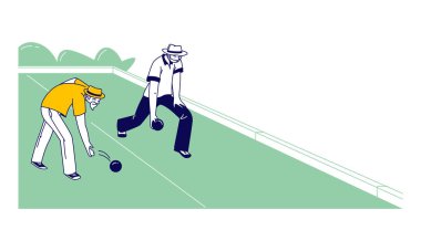 Son sınıflar Bocce ya da Çim Bowling oynuyorlar birbirleriyle yarışıyorlar. Birkaç Yaşlı Arkadaş Karakteri Park Alanında Bulvar Oynuyor Boş Zamanın tadını çıkarıyor. Doğrusal İnsanlar Vektör İllüstrasyonu