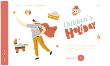 Çocuklar için Gösteri, Karnaval Eğlencesi İniş Sayfa Şablonu. Süper Kahraman Pelerin 'deki çizgi film karakteri çocukların doğum günü partisinde rol alıyor. Eğlence Etkinliği, Palyaço ve Pasta. Doğrusal Vektör İllüstrasyonu