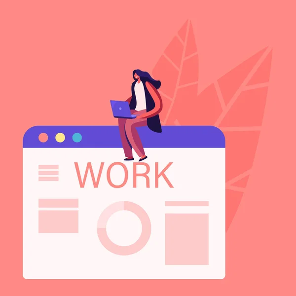 Entrevista laboral y concepto de recursos humanos. Mujer con ordenador portátil en busca de un nuevo trabajo de envío de CV y Publishing Ads Online. Carácter usando el recurso de la aplicación del Internet, trabajando. Ilustración de vectores de dibujos animados — Vector de stock