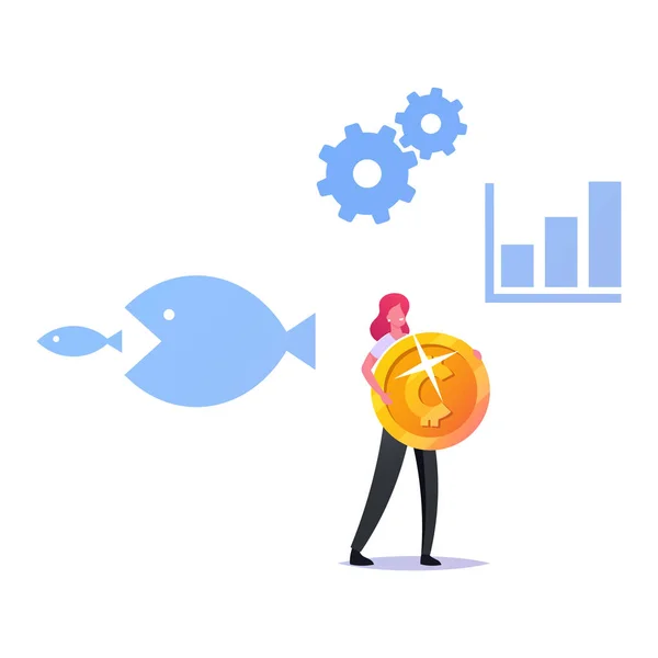Liten kvinnlig karaktär bär enorma gyllene mynt med affärsikoner runt pilen diagram, kogwheel redskap och enorma fisk försöker äta liten en. Koncept för sammanslagning och förvärv. Tecknad vektor Illustration — Stock vektor