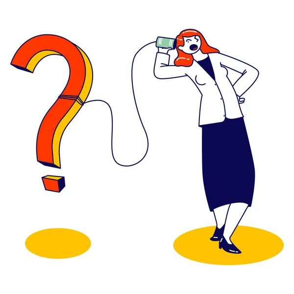 Personnage féminin parlant par téléphone sourd ou peut téléphone en bocaux en étain connecté avec corde ou ficelle avec un énorme point d'interrogation. Rétro Appliance Communication, Faq Concept. Illustration vectorielle linéaire — Image vectorielle