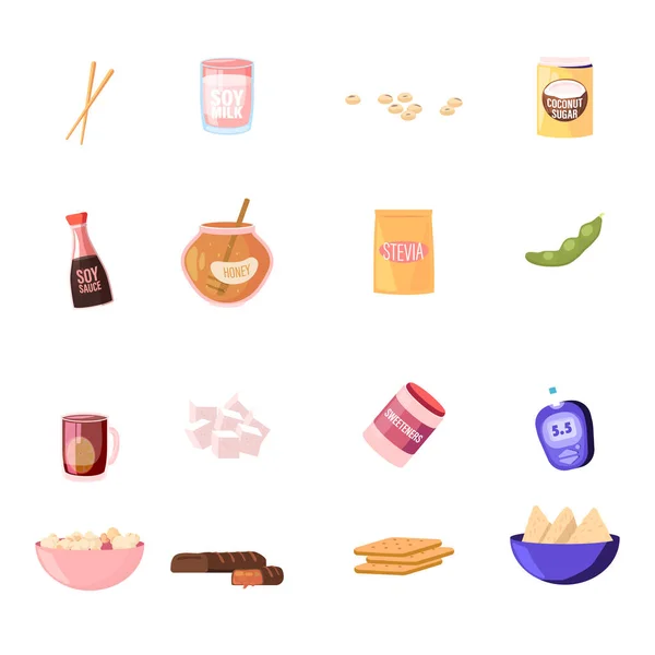 Set van Iconen Houten eetstokjes, Sojamelk, Sausen en Bonen, Kokos- en Rietsuiker, Honing in pot, Stevia Pakket en Thee met Citroen, Zoetstoffen Fles, Glucometer, Popcorn. Cartoon Vector Illustratie — Stockvector