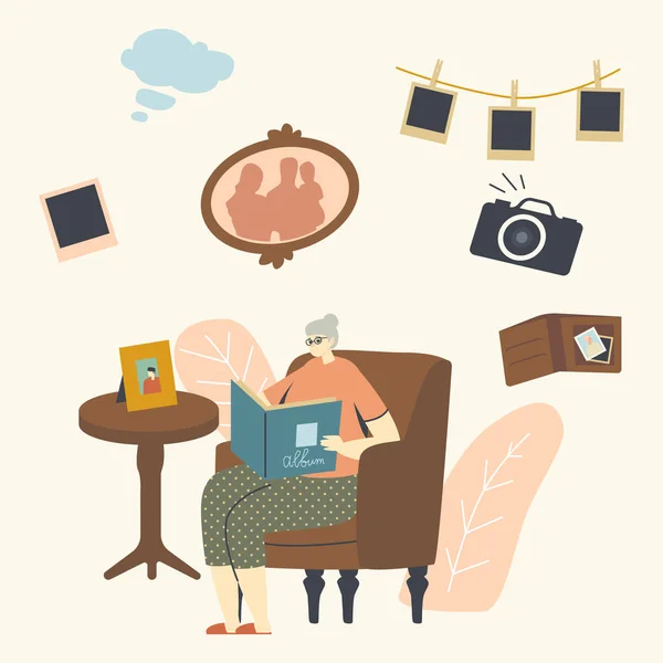 Senior Woman Character Sitting on Couch Watching Family Album with Pictures in Room, Aged Granny Remembering Past. Grandmother Sitting in Armchair at Table with Photo Frame. Linear Vector Illustration — Stock Vector